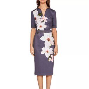 Ted Baker | Gray Floral Belted Sheath Midi Dress Size 4